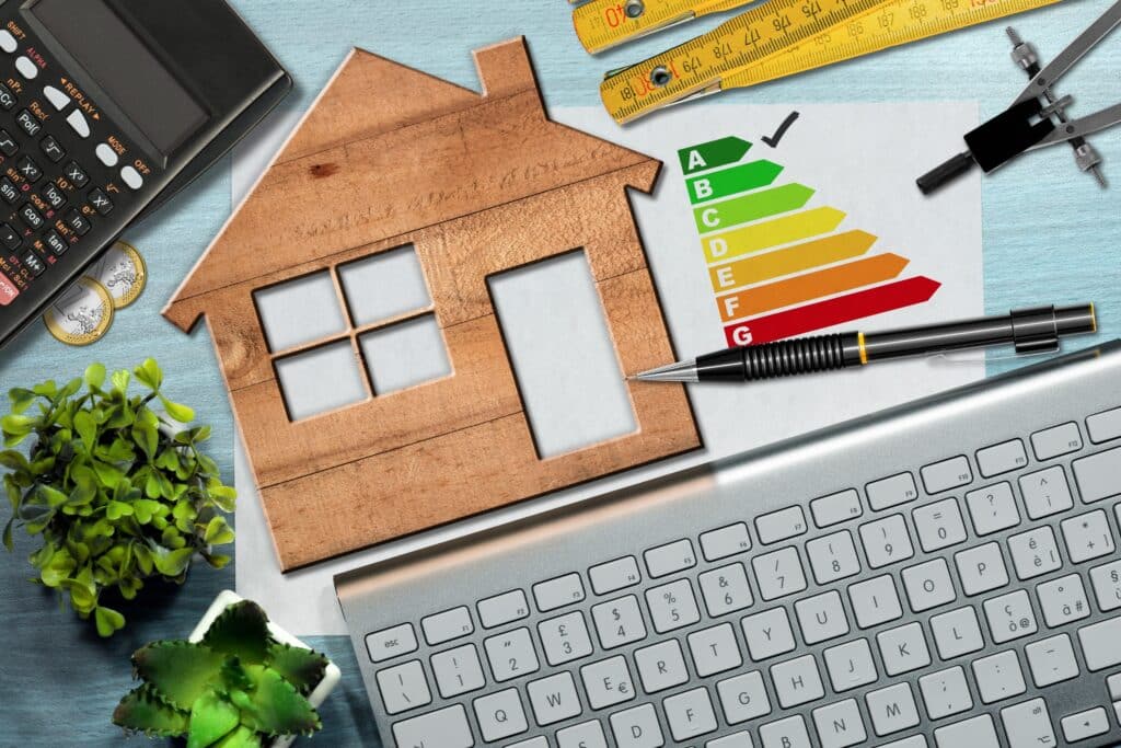 une maquette de maison en bois, un graphique d'évaluation de l'efficacité énergétique, une règle pliable, un clavier d'ordinateur, une calculatrice, un crayon et un compas posés sur un bureau avec des plantes vertes.