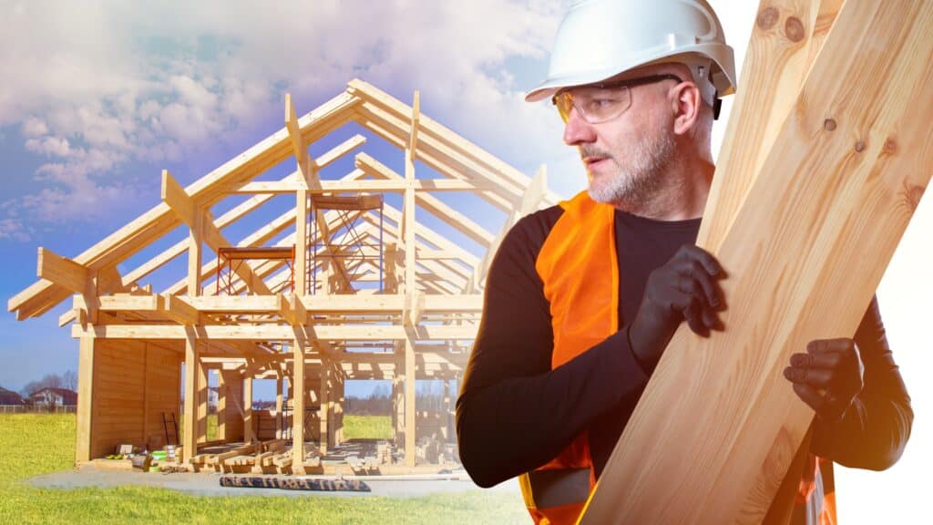 Un ouvrier tenant une planche sur un fond de maison en bois en cours de construction.
